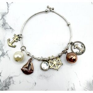 Nautical Charm Bangle Bracelet Anchor Sailboat Ship Wheel Pearl Coastal Beach